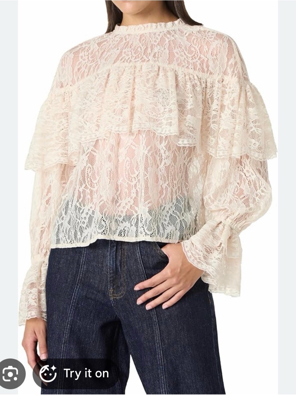 Amazon Sheer Lace Ruffle Peasant Blouse in Cream